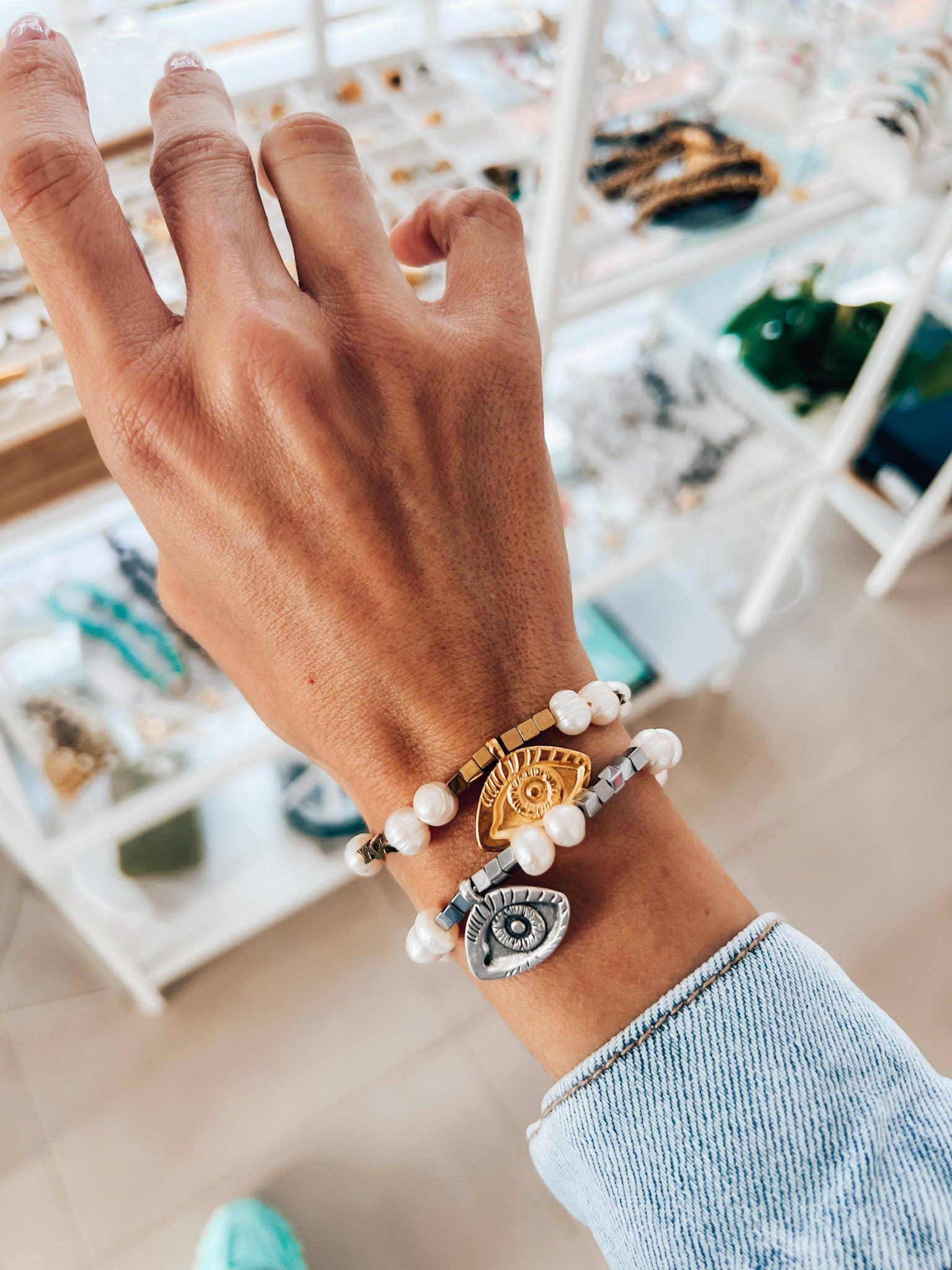 Ηematite Pearl Evil Eye Protection Armband: Guld