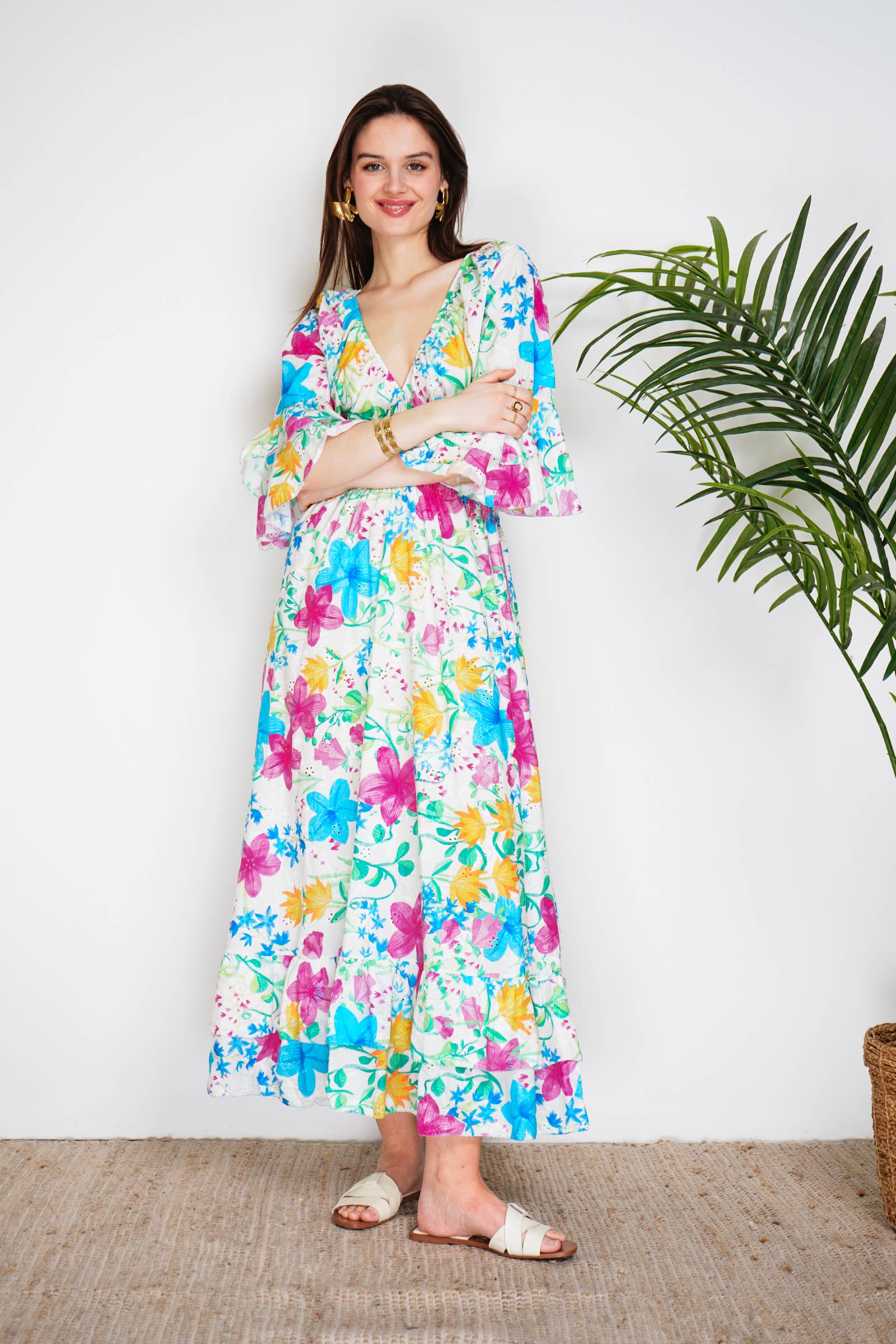 Meli Långklänning med broderi anglais Blå multi