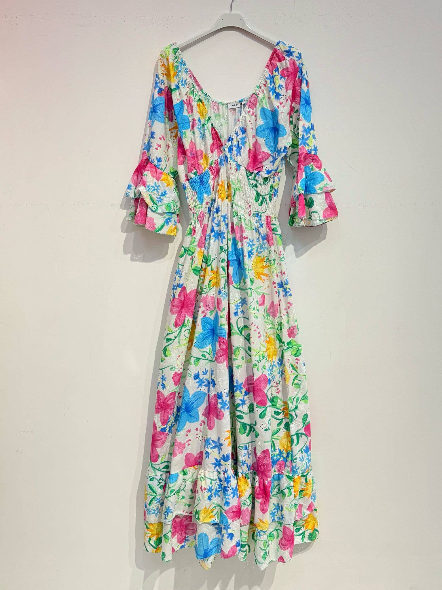 Meli Långklänning med broderi anglais Blå multi