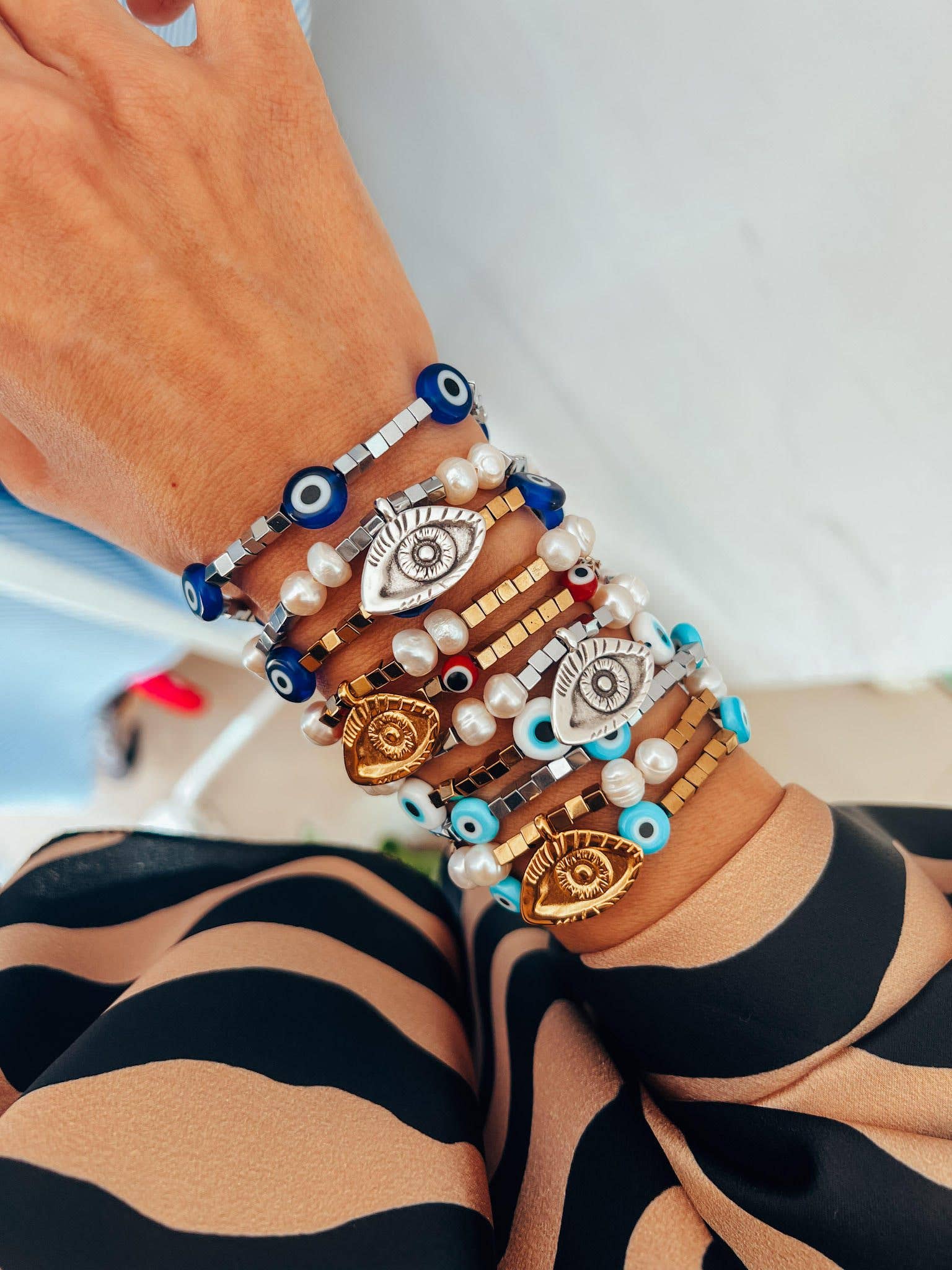 Ηematite Pearl Evil Eye Protection Armband: Guld