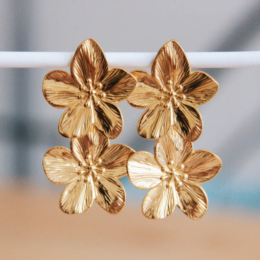 Rostfritt stål statement örhänge 2 blommor - guld