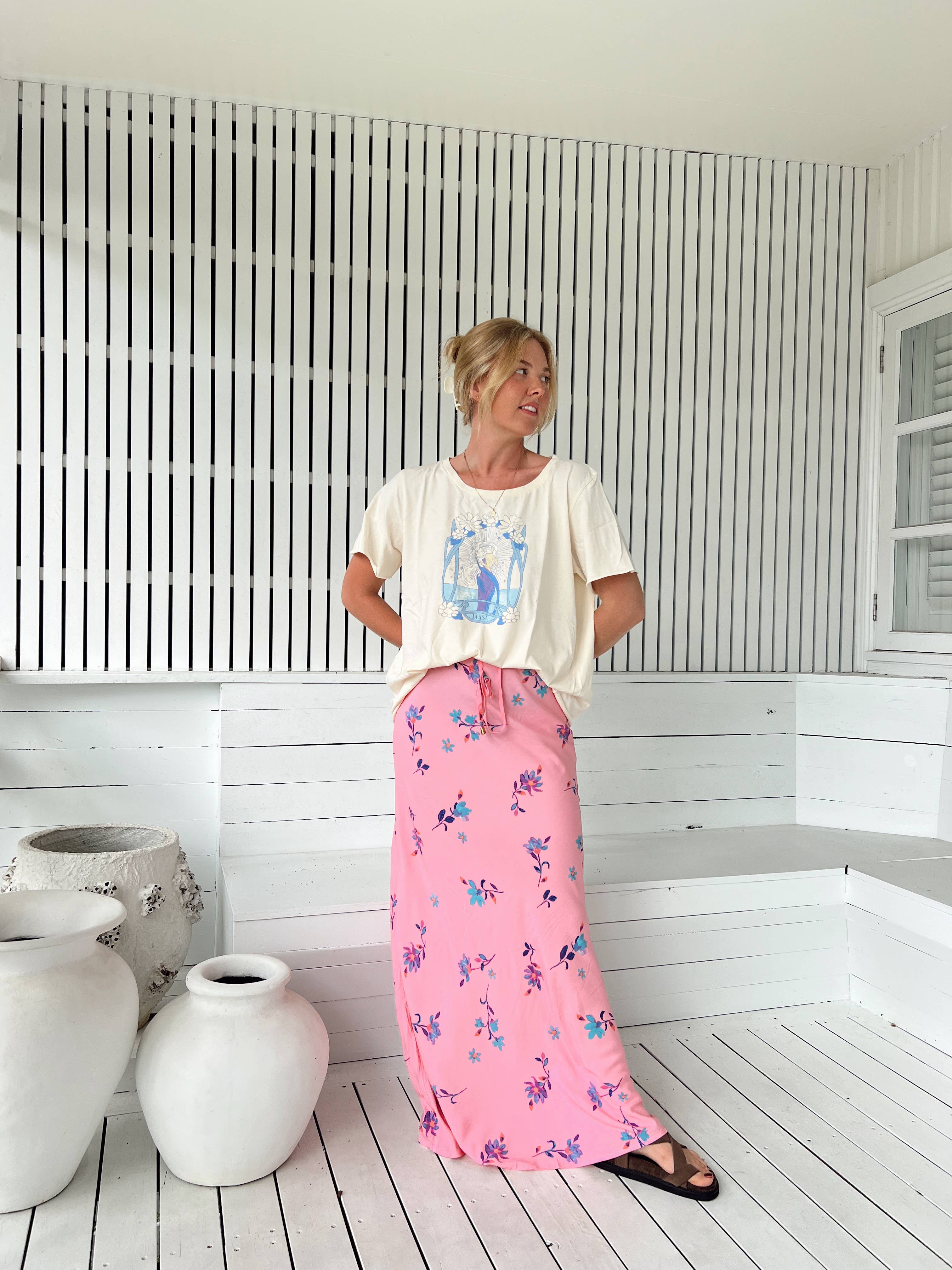 Claudette kjol Summerflowers rosa 100% viscose