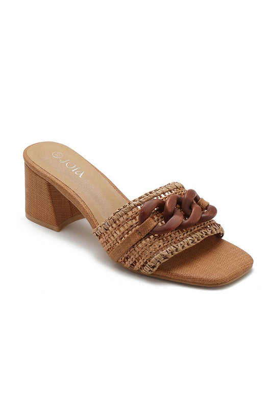 Boho skor med klack och flätat spänne Camel