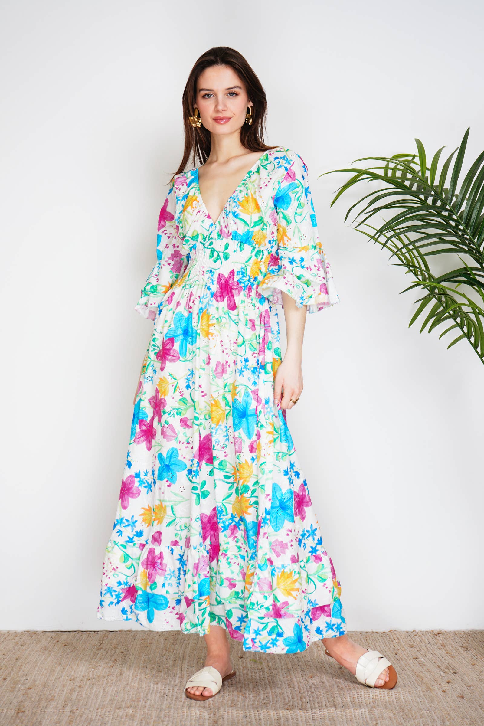 Meli Långklänning med broderi anglais Blå multi