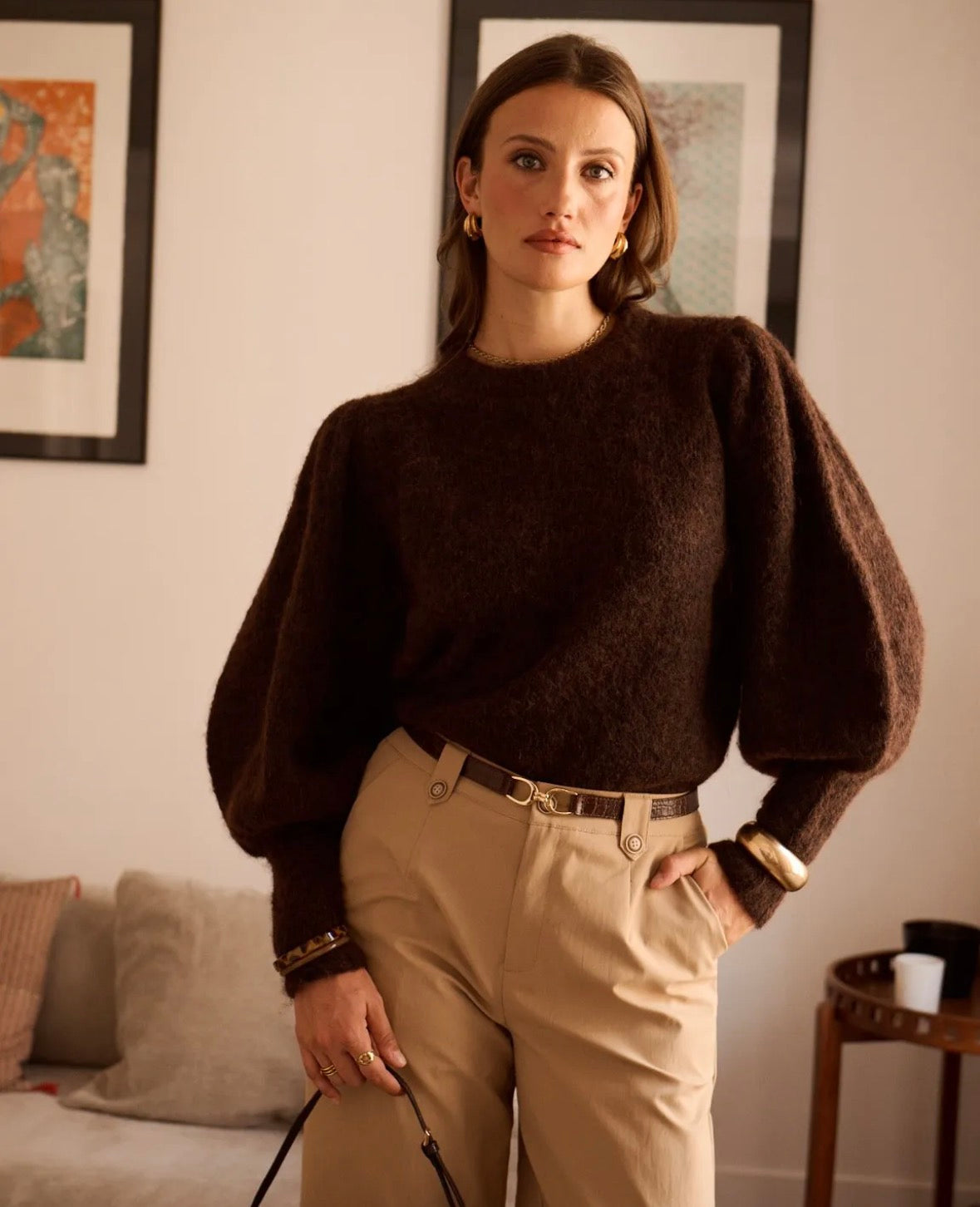 Leona Stickad tröja med puffärmar Marron Onesize