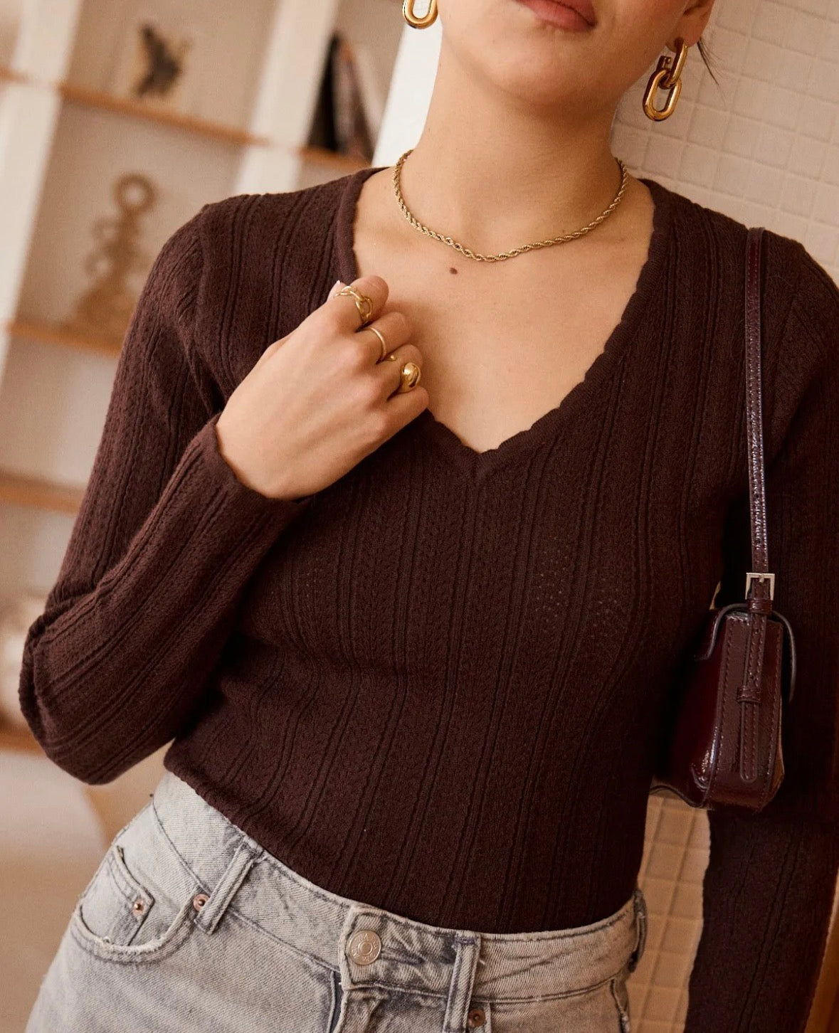 Tyra Choklat Stickad Top Onesize