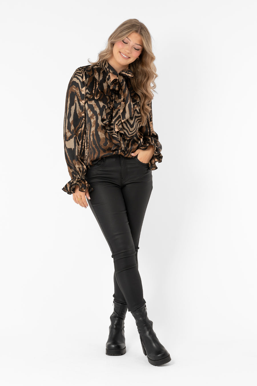 CHIARA BLOUSE DARK CHOCLATE/BLACK/SAND