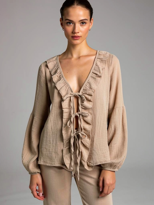 Mia Blus med knytband Beige