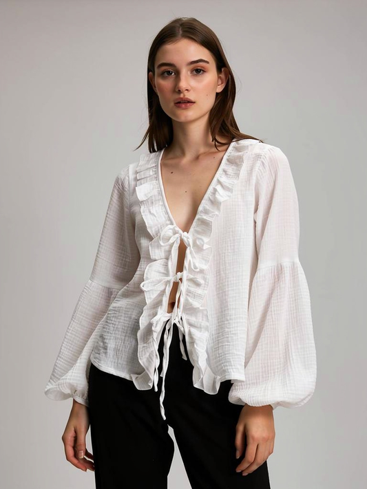 Mia Blus med knytband Vit