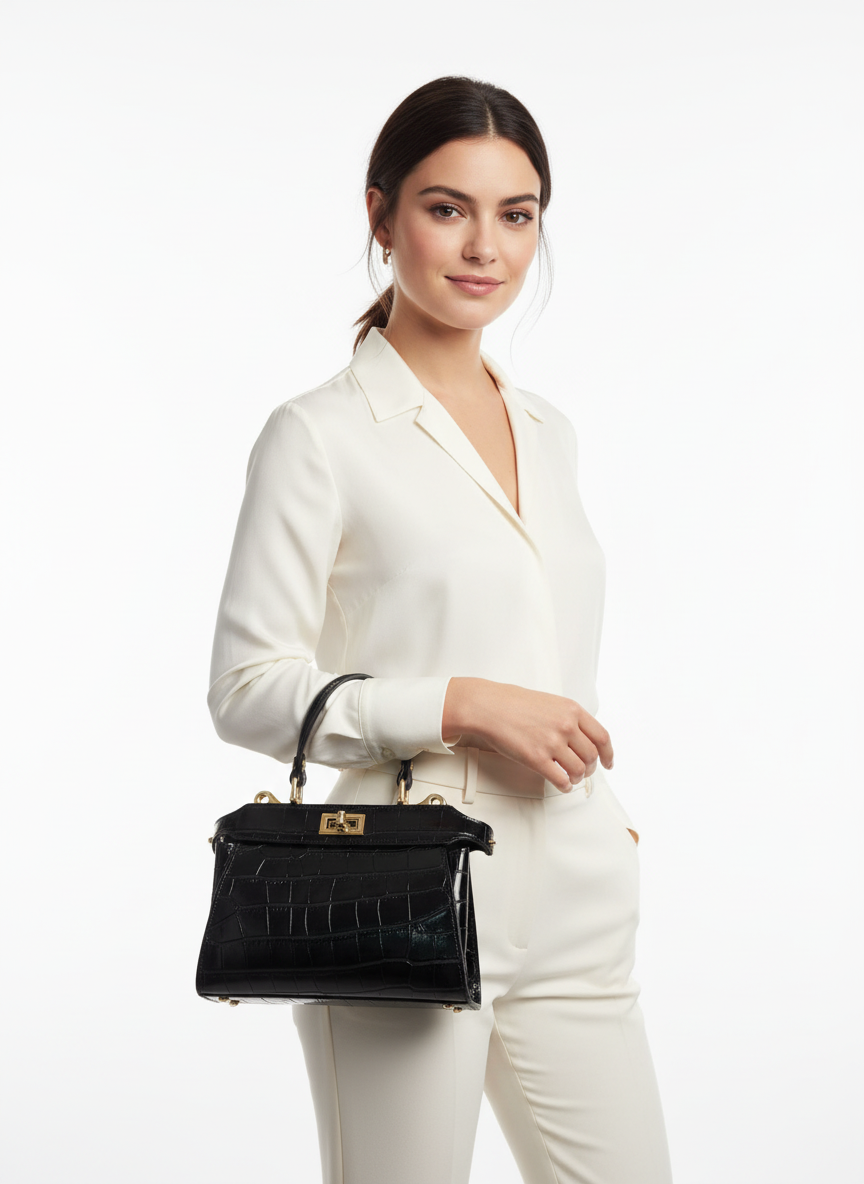 Molly Läder handväska med vridbar stängning: svart