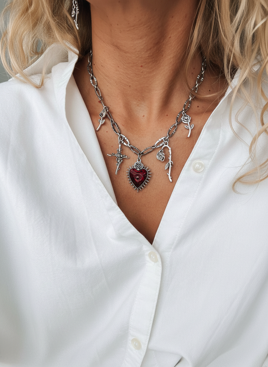 Halsband med berlocker med hjärtan och rosor sterling silver