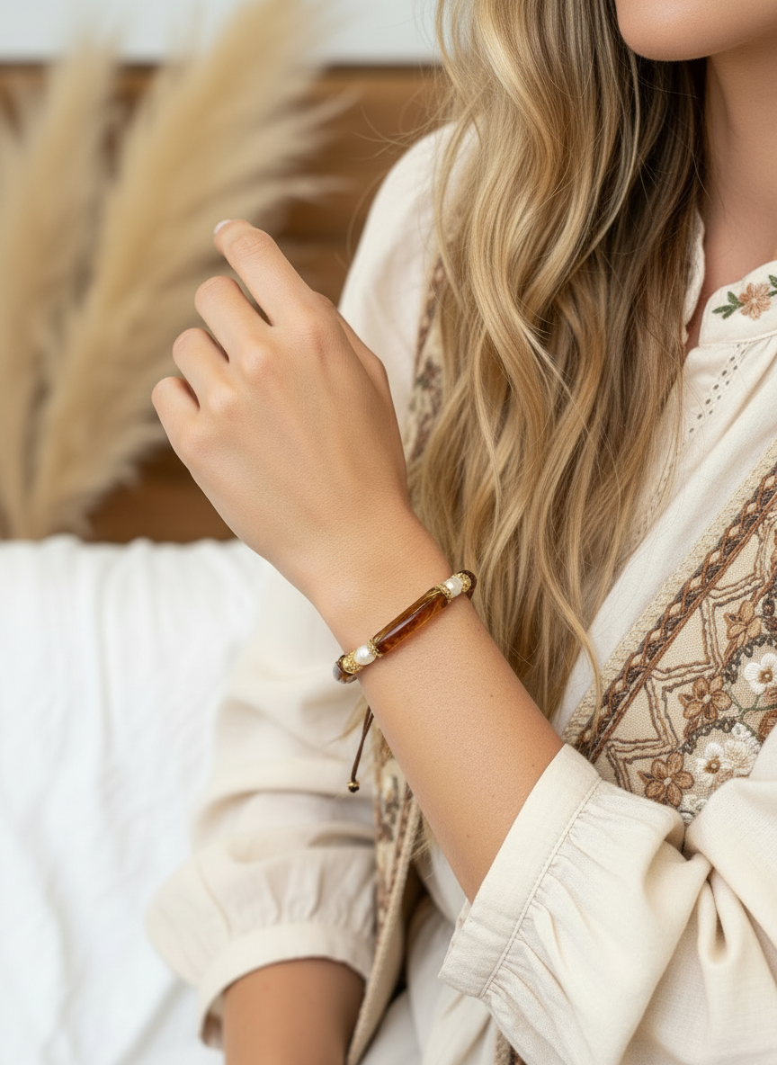 Tartaruga & guld charm pärlarmband: Brun