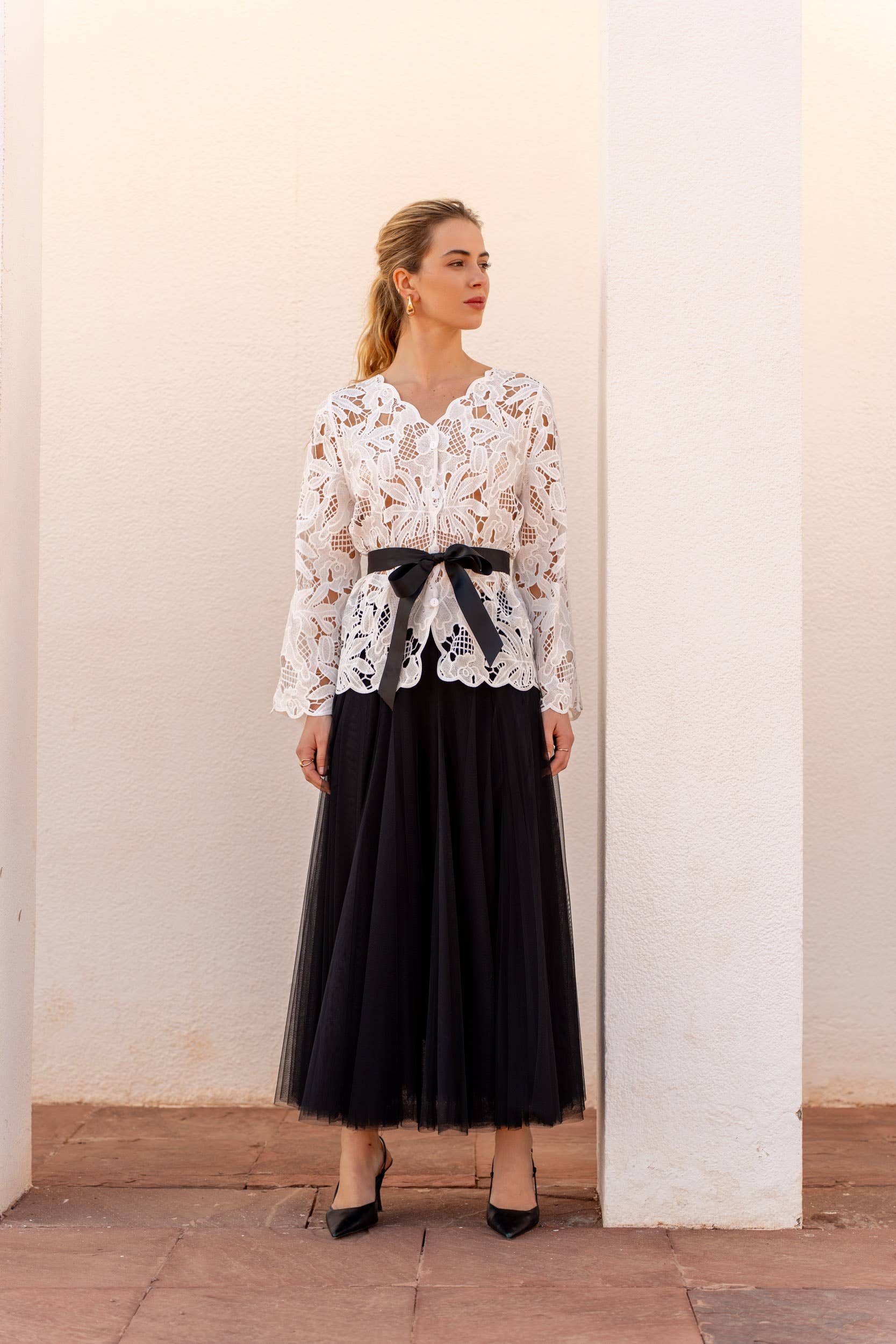 Chiara cardigan i macramé-spets vit