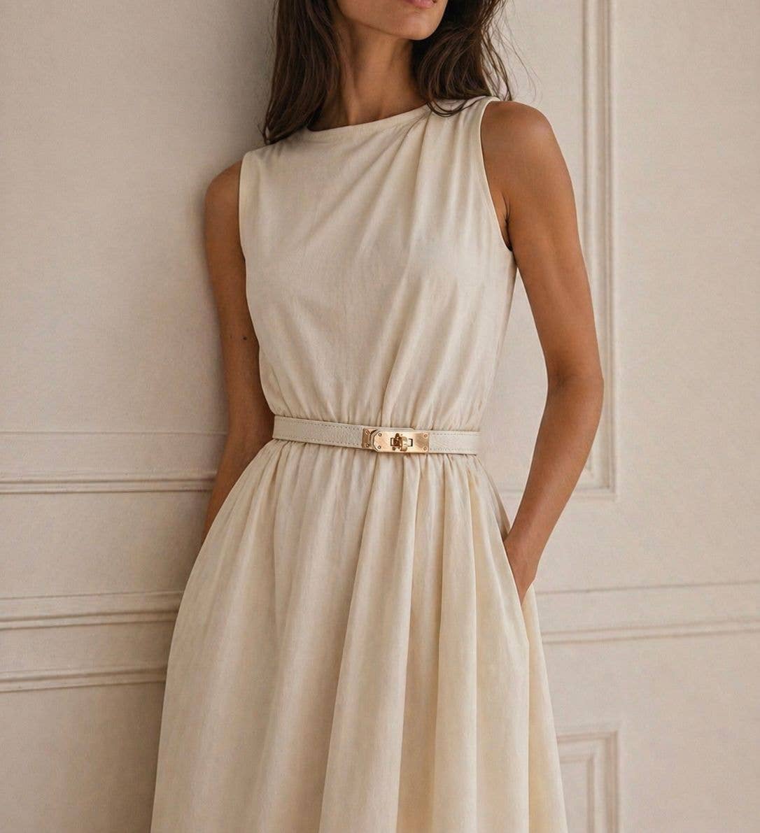 MAIDA BÄLTE - Äkta läder: Beige