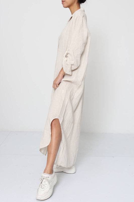 Lång skjortklänning i 100% linne : Beige